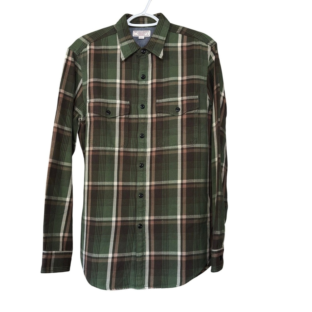 Wallace & Barnes 100% Cotton Plaid Button Down Flannel Shirt Mens S Preppy Green